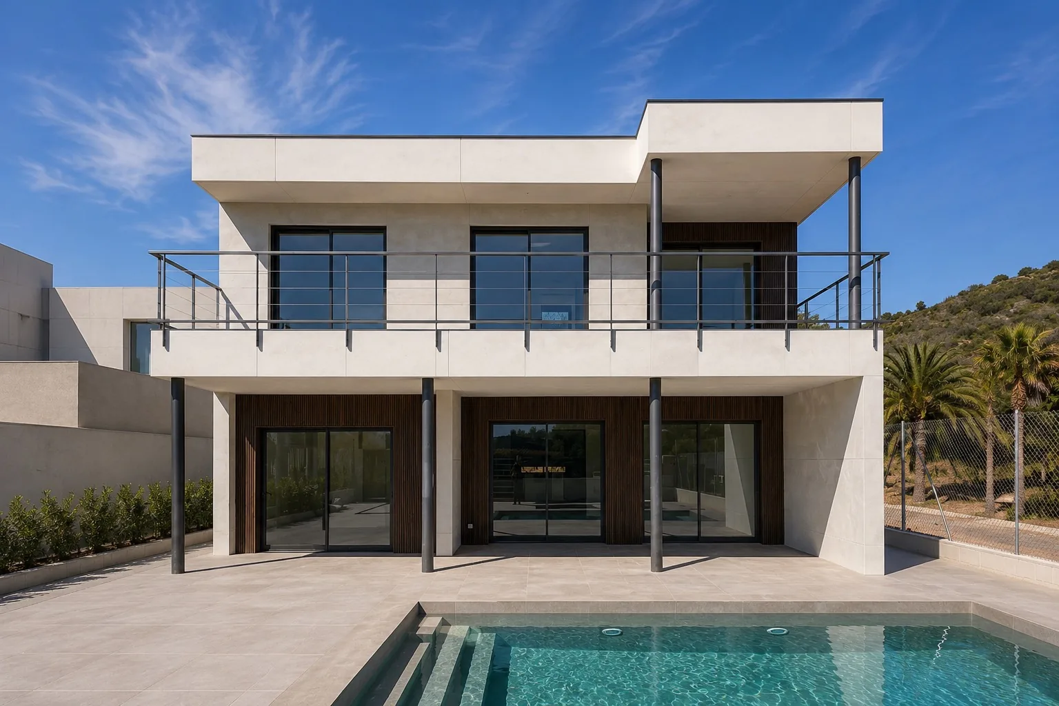 Fachada de la Homi Alfinach con terraza, pilares y piscina
